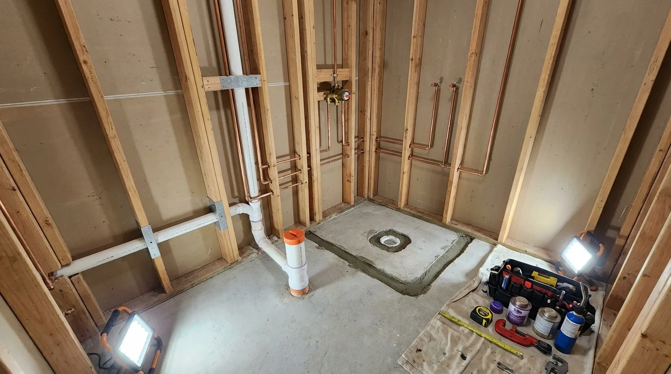 Bathroom rough-in plumbing during remodel by Johns Plumbing LLC in Ashville