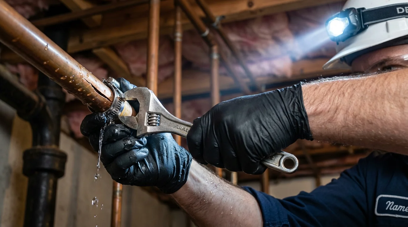 Emergency pipe clamp repair being performed by a Johns Plumbing LLC plumber in Ashville