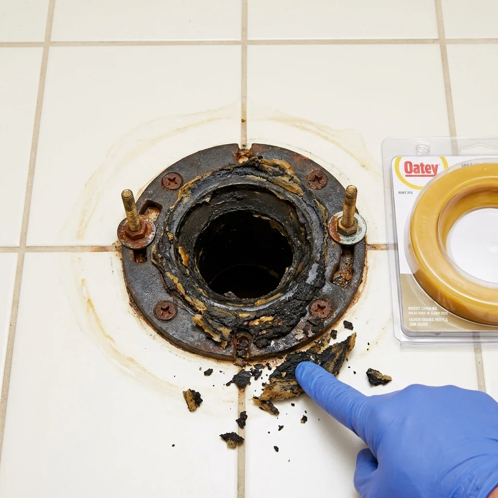 Failed wax ring showing water seepage at the base of a toilet in a Ashville, OH home