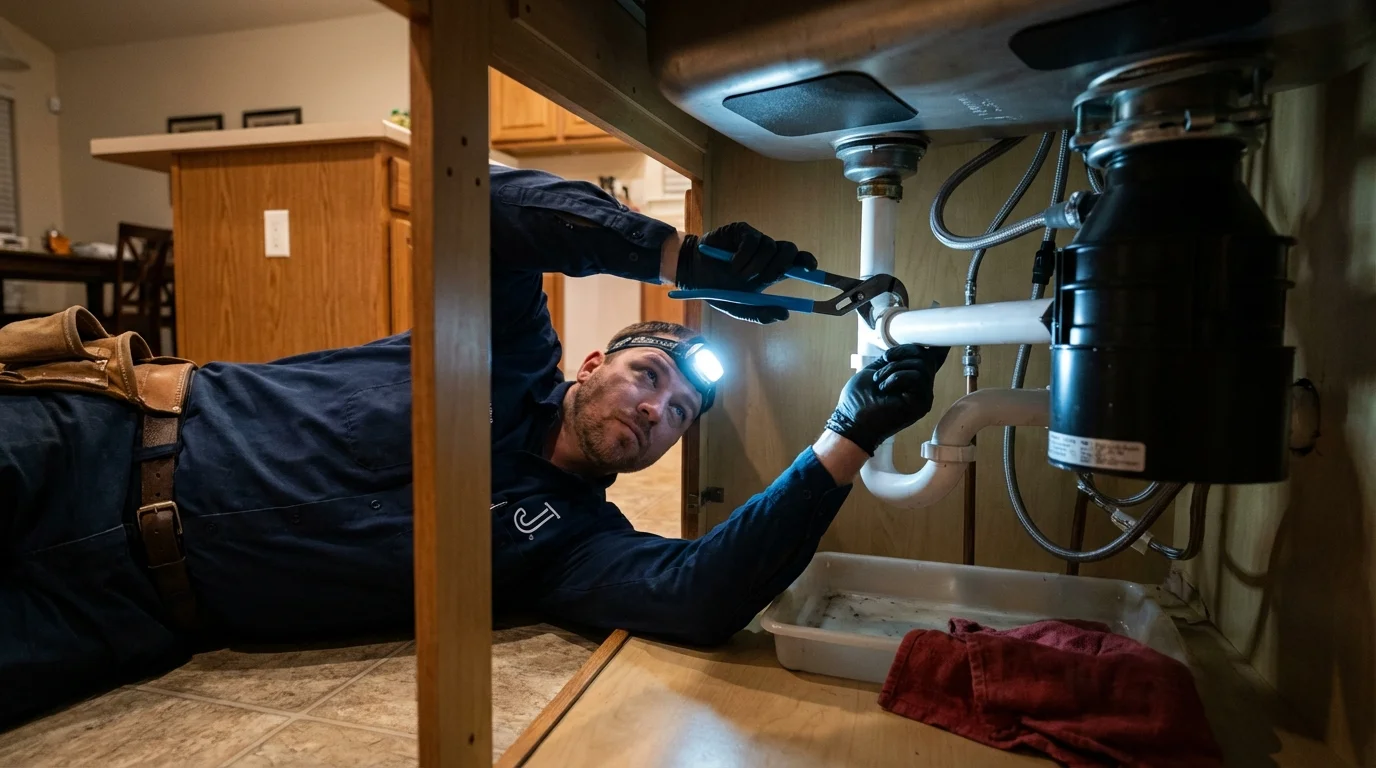 P-trap and supply line connections under a kitchen sink showing a common leak point in Ashville, OH